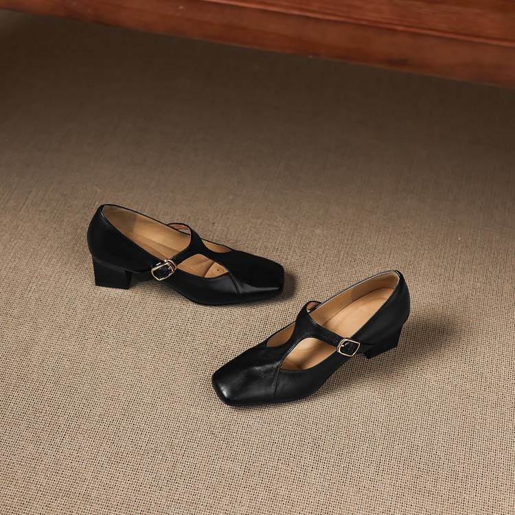 Women's Square-Toe Leather Mary-Jane Heels
