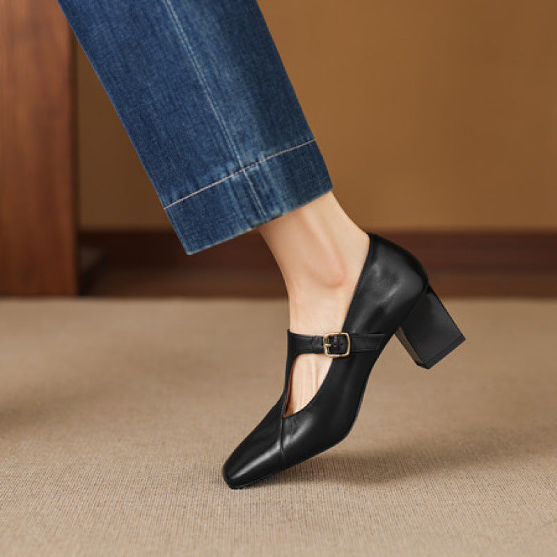 Women's Square-Toe Leather Mary-Jane Heels