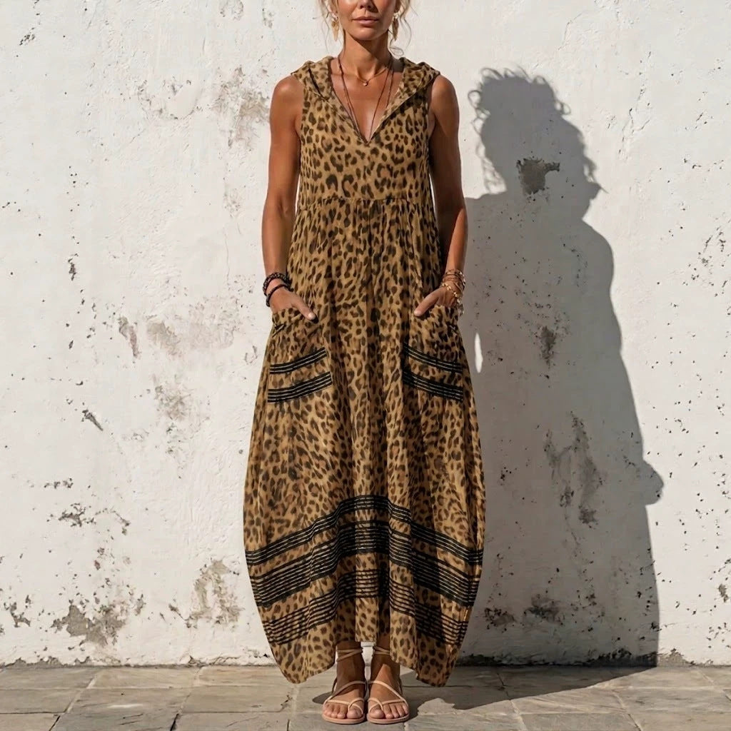 Saffron™ | Leopard-Print Sleeveless Boho Maxi Dress