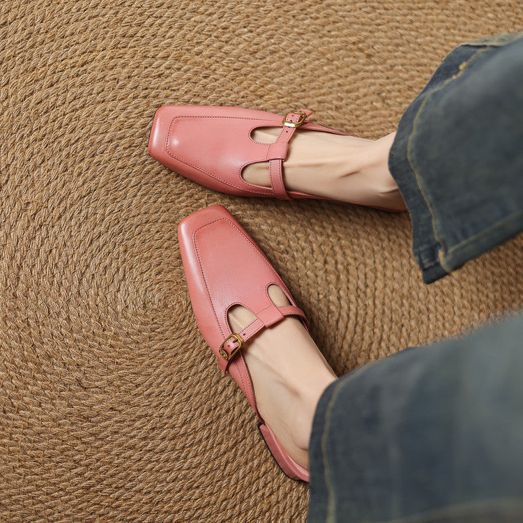 Women's T-Strap Leather Mules