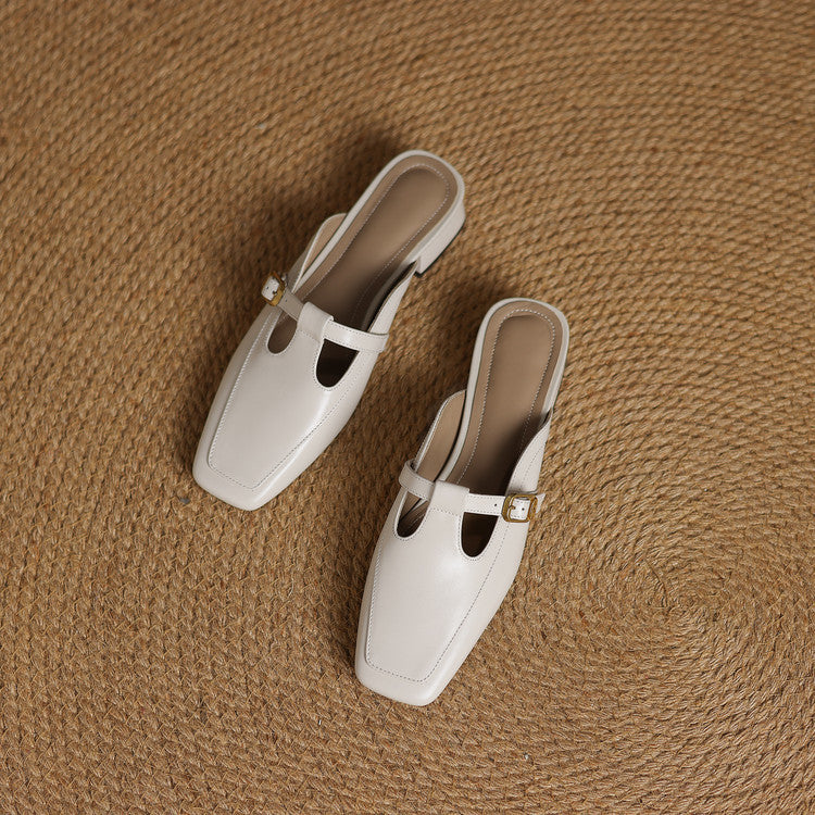 Women's T-Strap Leather Mules