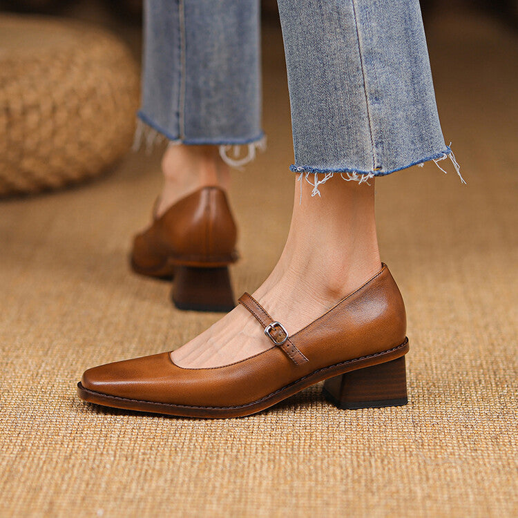 Women's Strap Leather Mary-Jane Heels