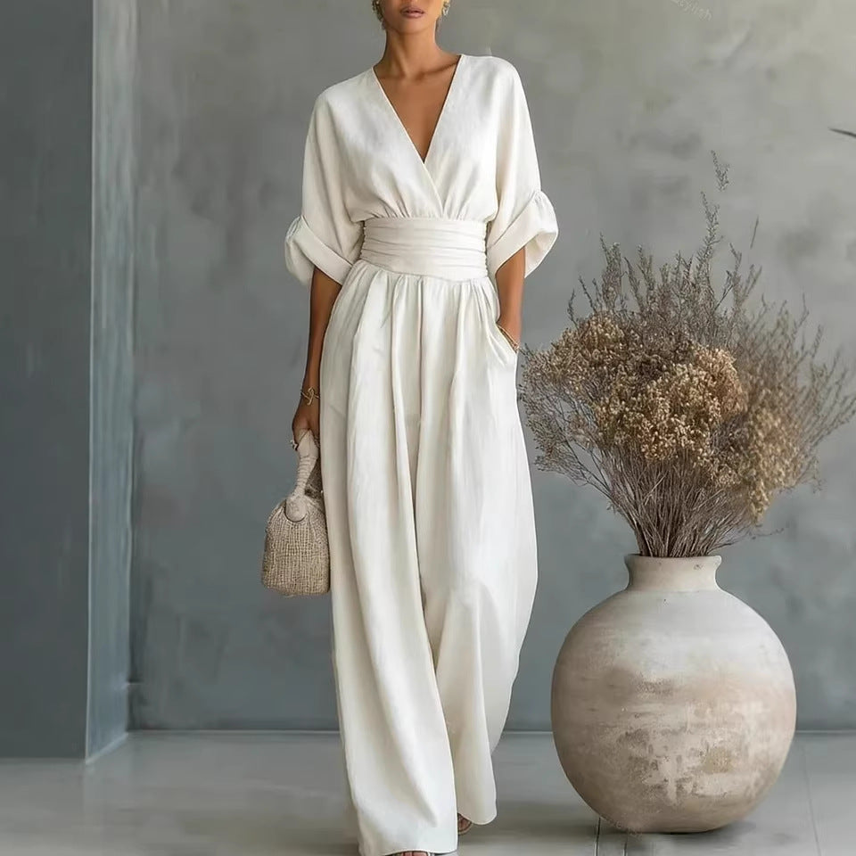 Mirabel™ | V-Neck Wide-Leg Jumpsuit with Wrap Waist and Flowy Sleeves