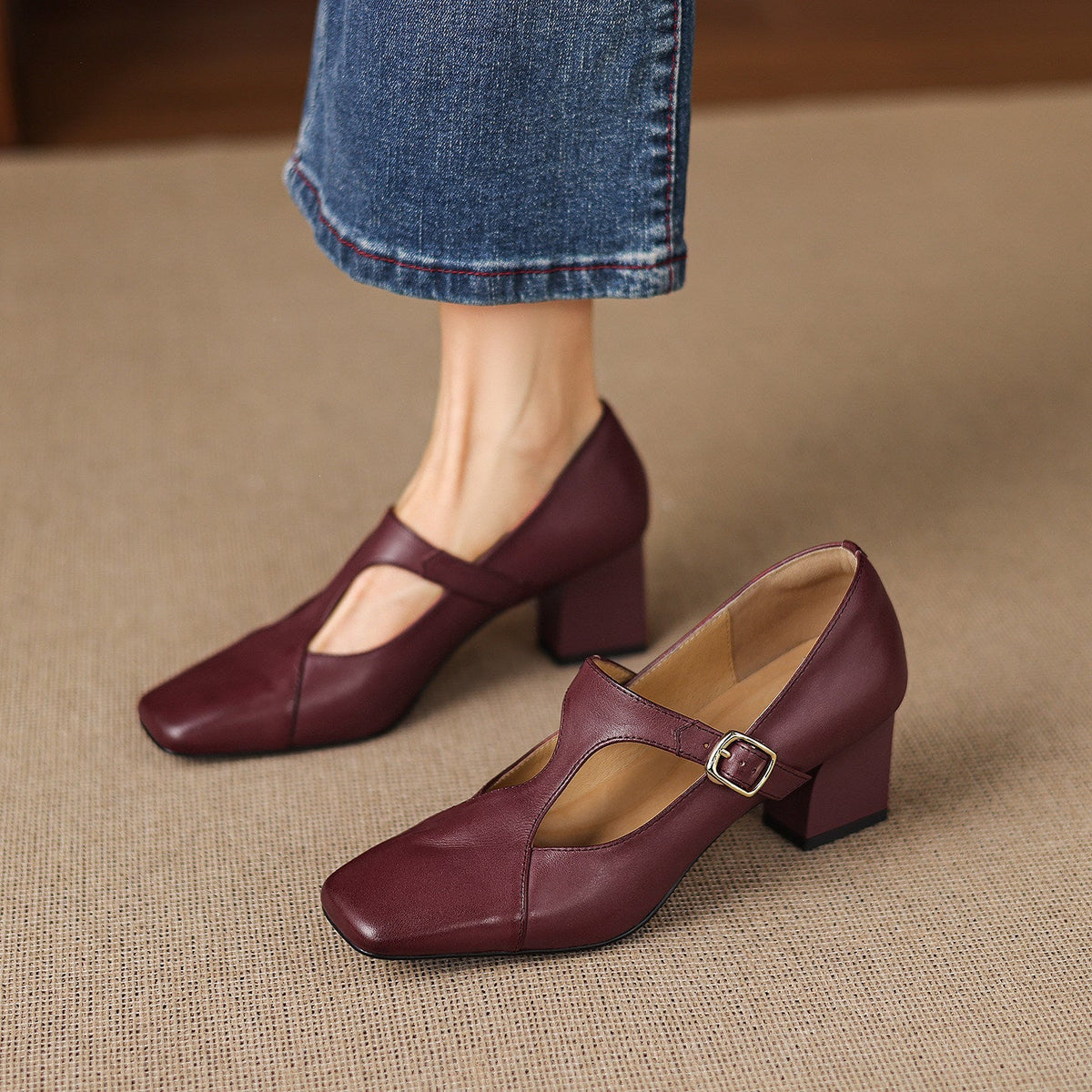 Women's Square-Toe Leather Mary-Jane Heels