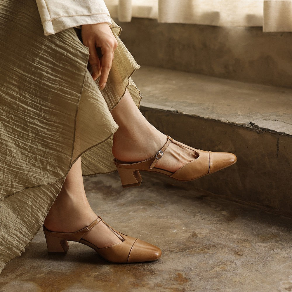 Women's T-Bar Leather Mules