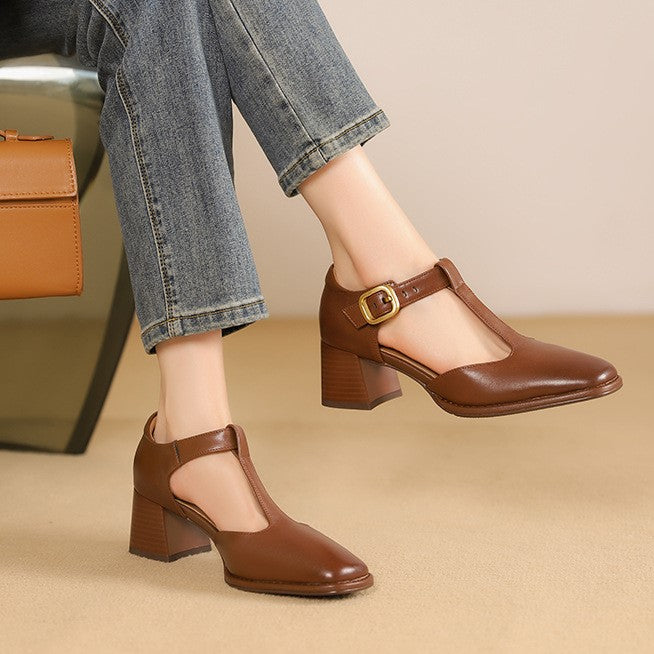 Women's T-Strap Leather Pumps