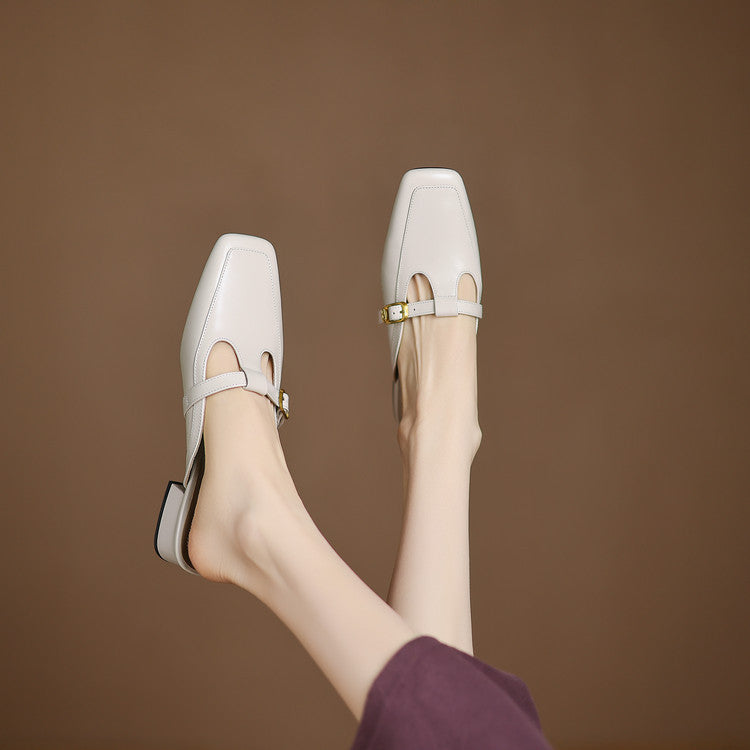 Women's T-Strap Leather Mules