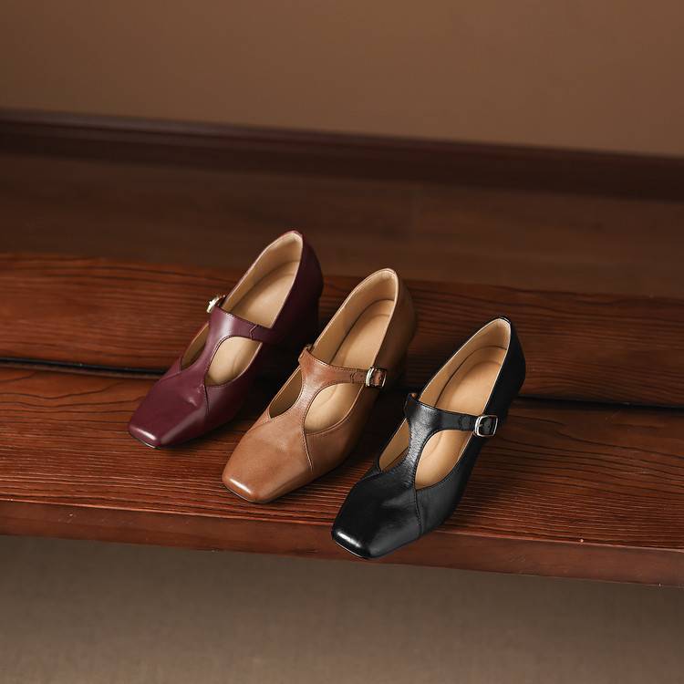 Women's Square-Toe Leather Mary-Jane Heels