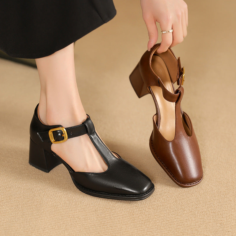 Women's T-Strap Leather Pumps