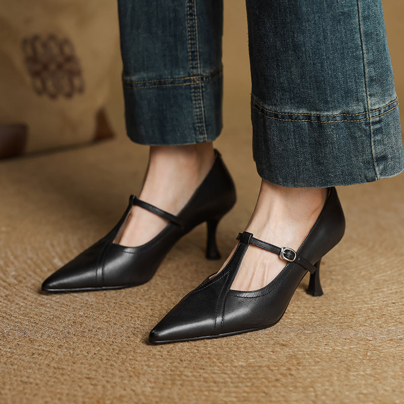 Women's Leather T-strap Pumps