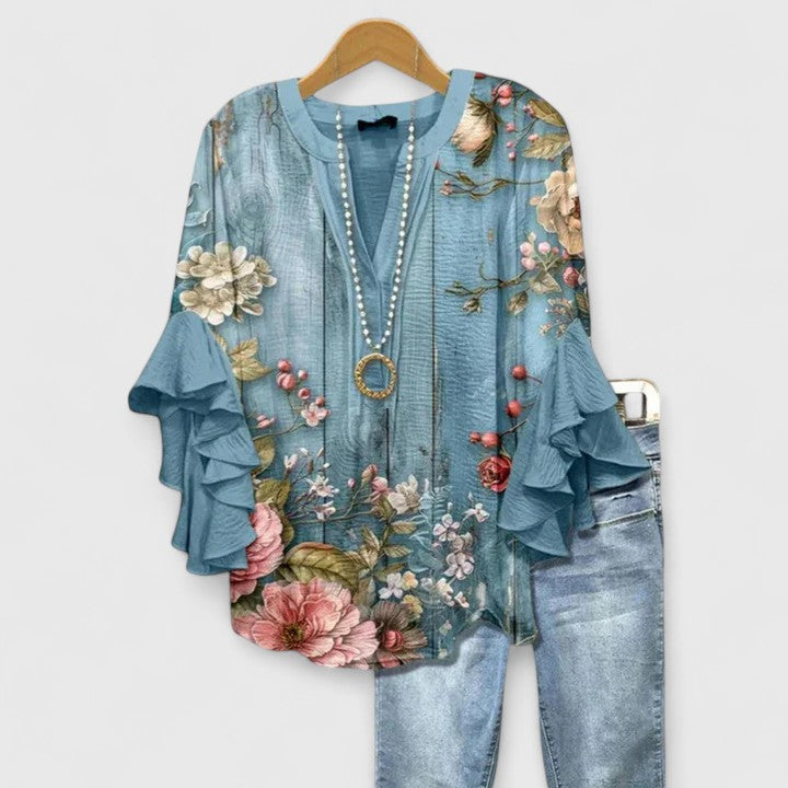 Roslyn™ | Elegant Ruffle Sleeve Floral Blouse