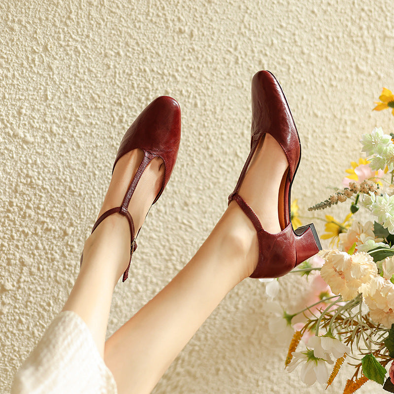 Women's Leather T-Strap Heels