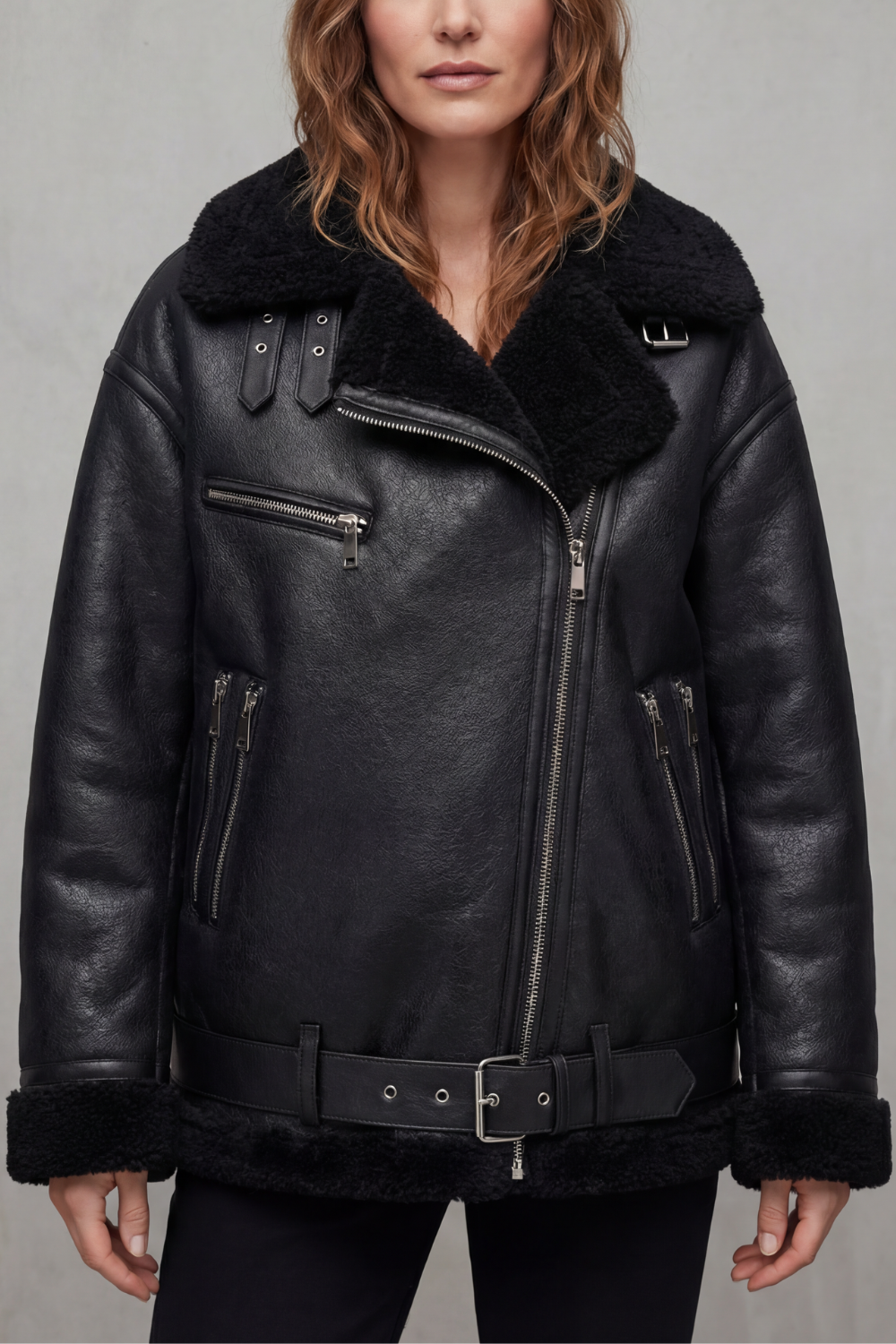 Women's Belted Shearling Trim Aviator Coat