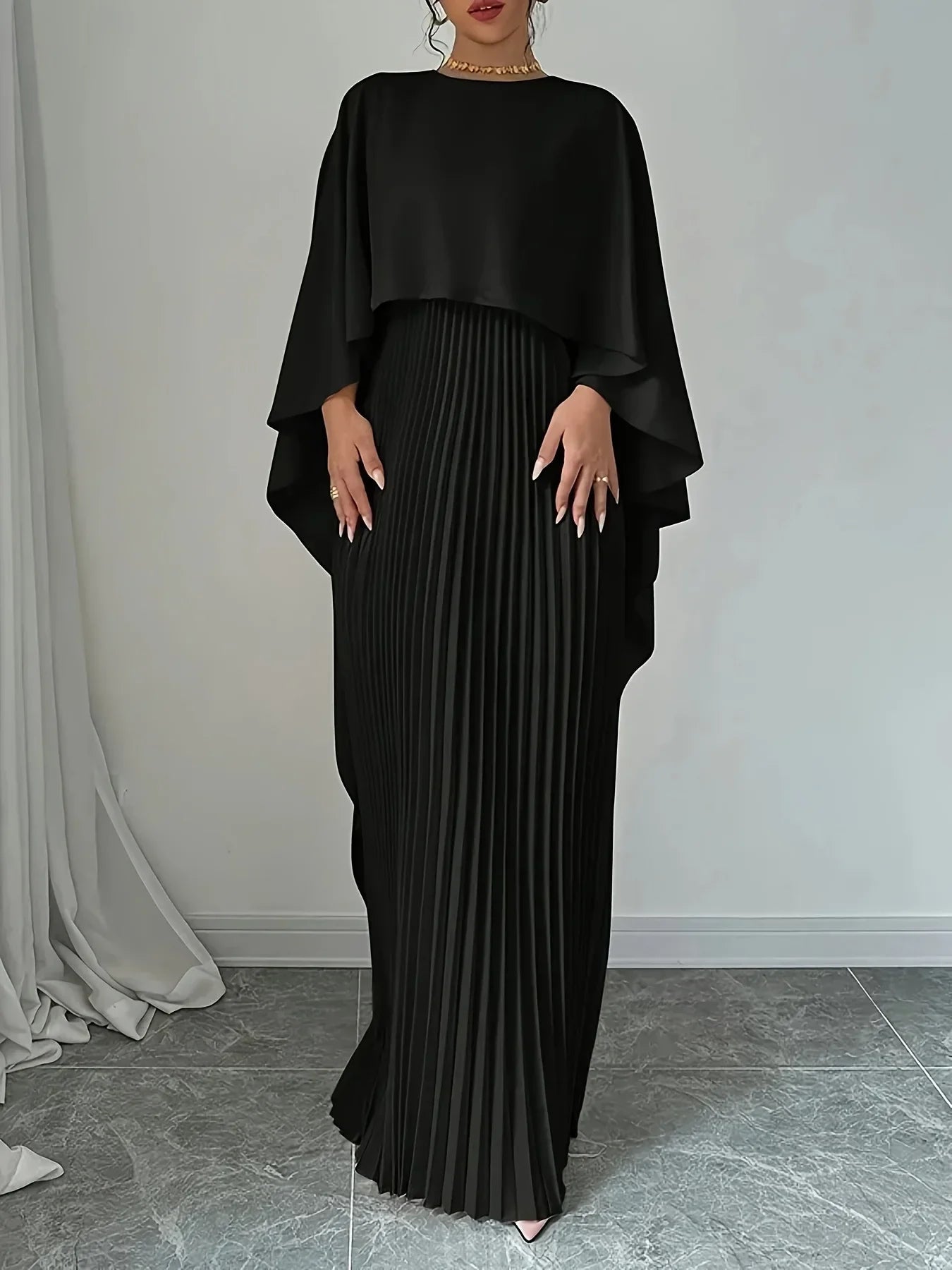 Thea™ | Cape Overlay Pleated Maxi Dress