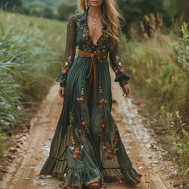 Loretta™ | Embroidered V-Neck Bohemian Maxi Dress