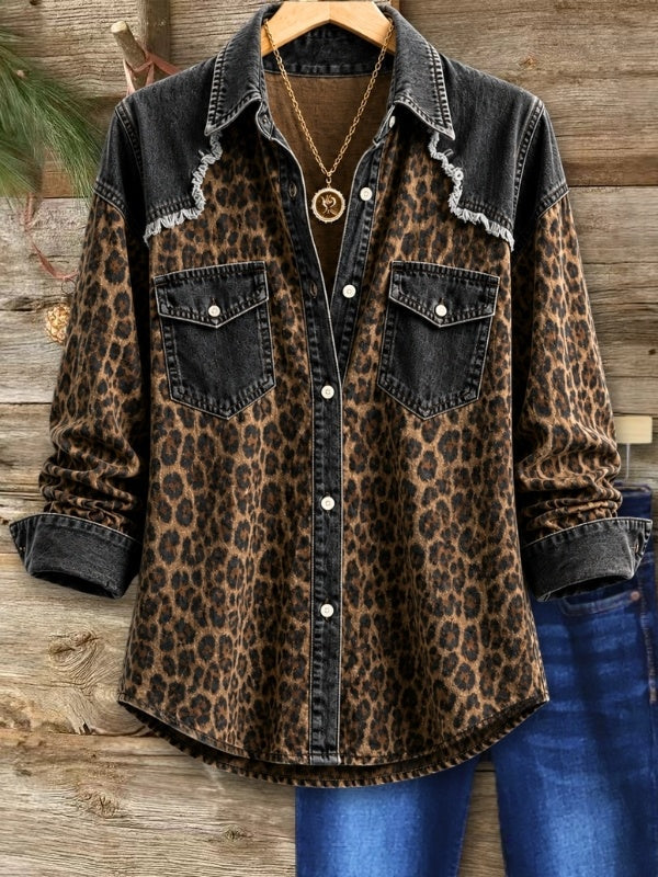Fiorella™ | Leopard Patchwork Button-Down Shirt