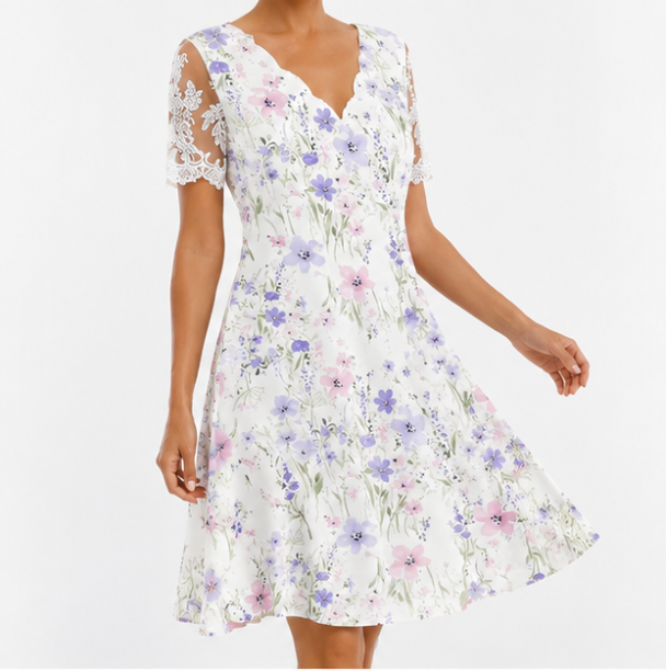 Edith | Lace Sleeve Floral Midi Dress