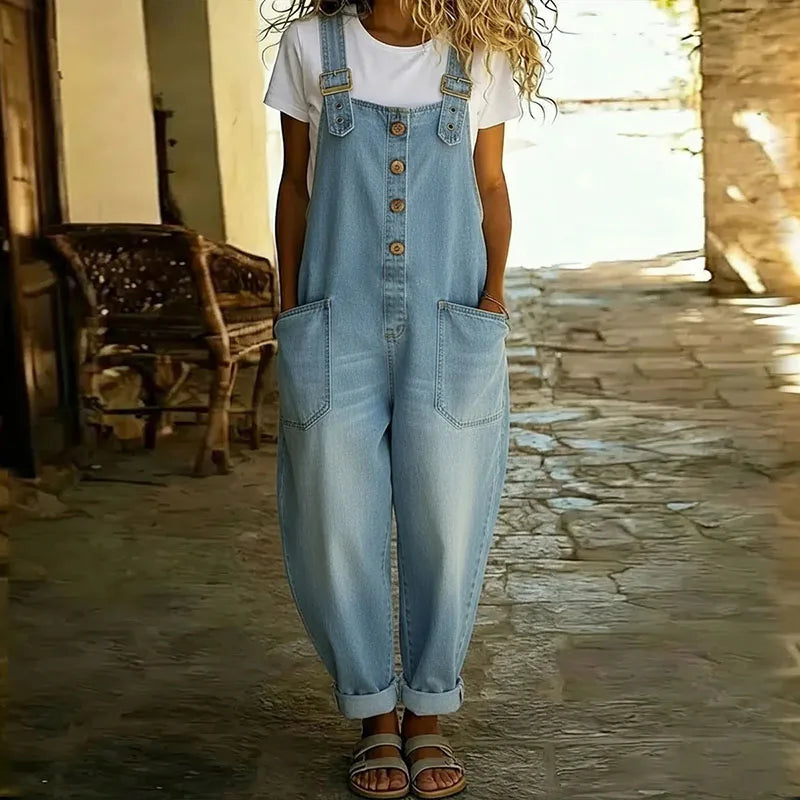 Mara | Vintage Soft Cotton Denim-Look Overalls with Adjustable straps