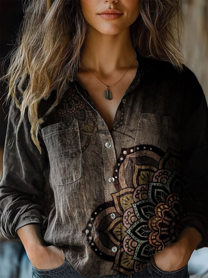 Camille™ | Bohemian Mandala Relaxed Button-Down Blouse