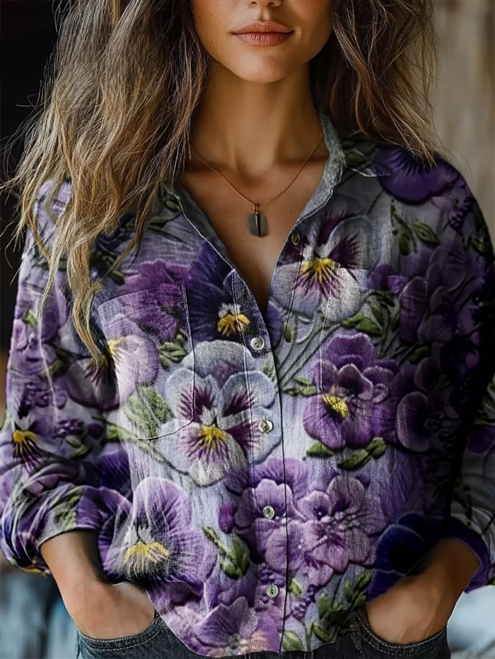 Oriana™ | Romantic Pansy Floral Button-Down Blouse