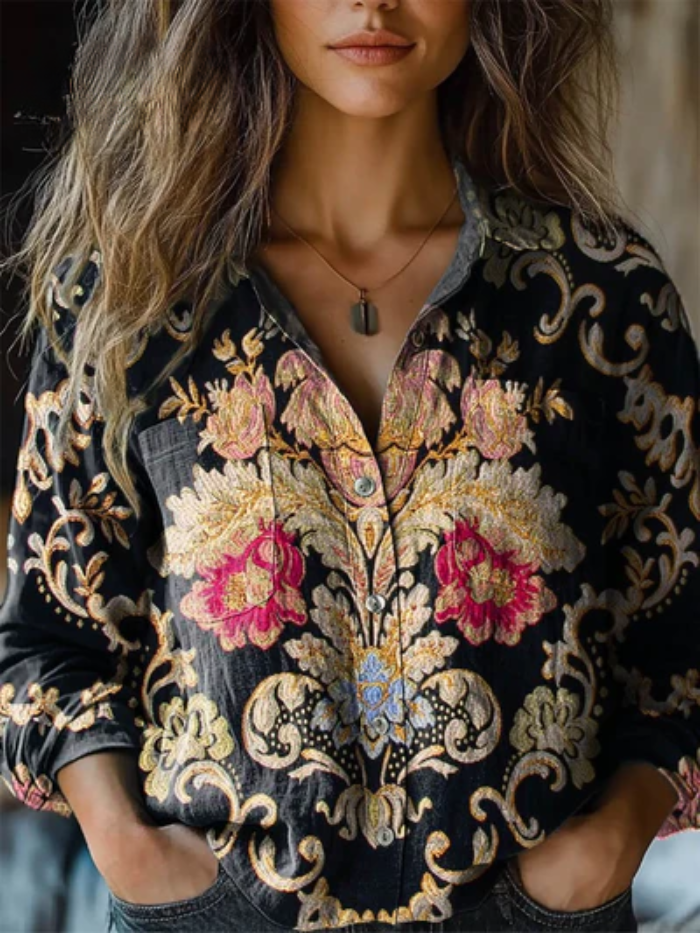 Rosvaine™ | Baroque Floral Relaxed Button-Down Blouse
