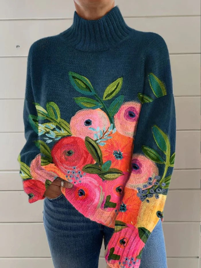 Orvanna™ | Retro Floral Pattern Turtleneck Sweater