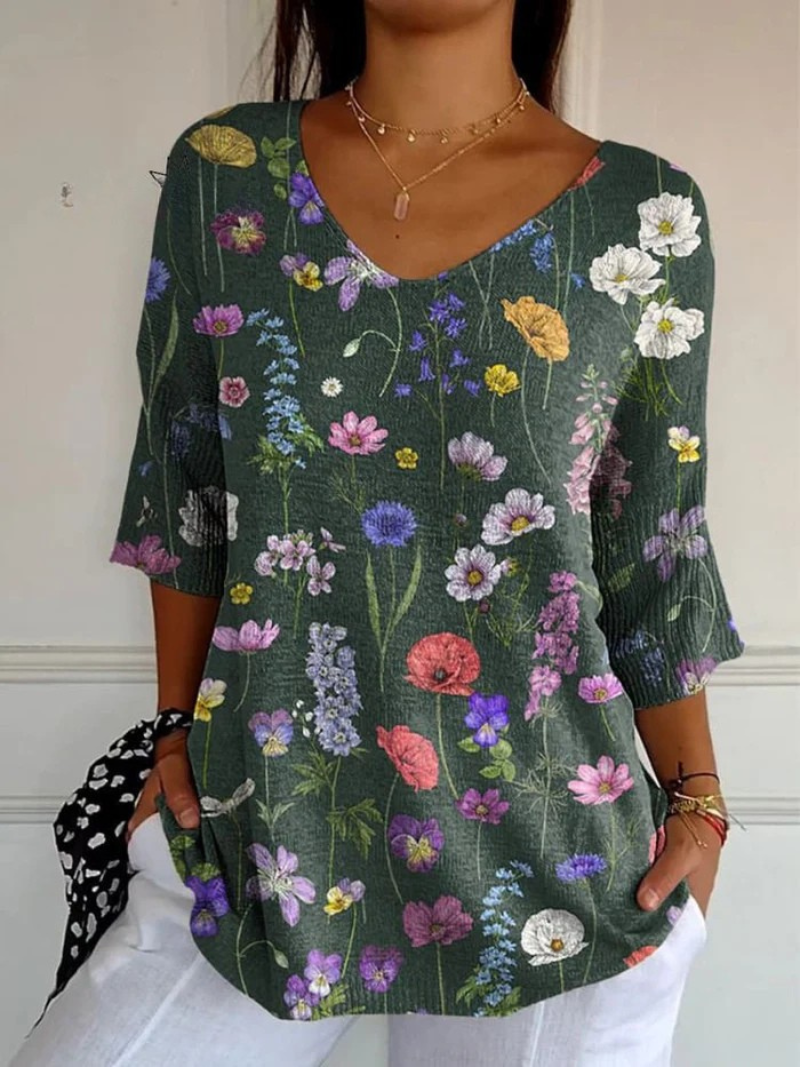 Foxmere™ | Vibrant Spring Botanical Garden Pattern Printed Women's Casual Pullover