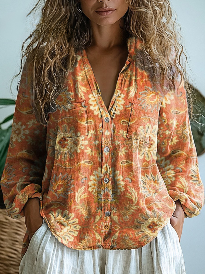 Kassandra™ | Autumn Botanical Relaxed Button-Down Blouse