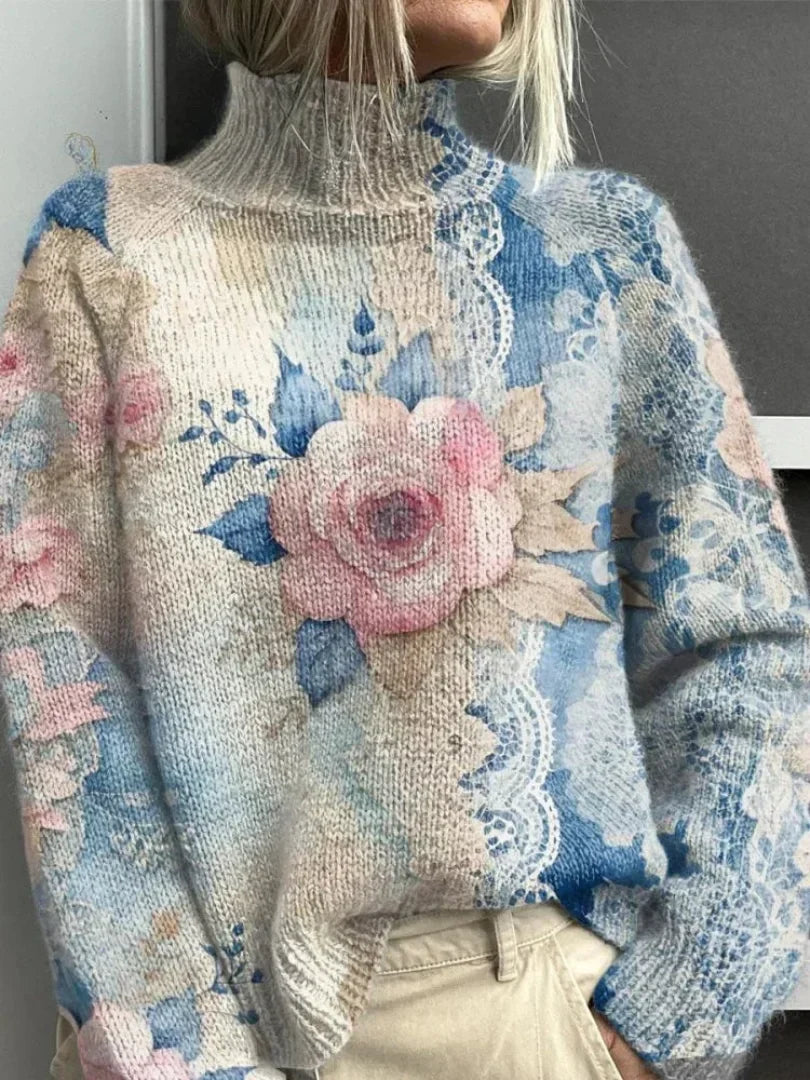 Dawnfloral™ | Floral Print Turtleneck Sweater