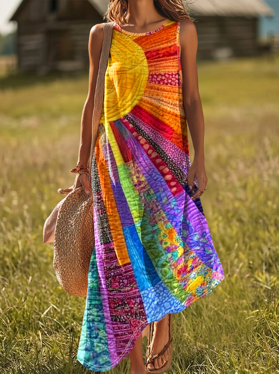 Chryselle™ | Sunburst Print Sleeveless Maxi Dress