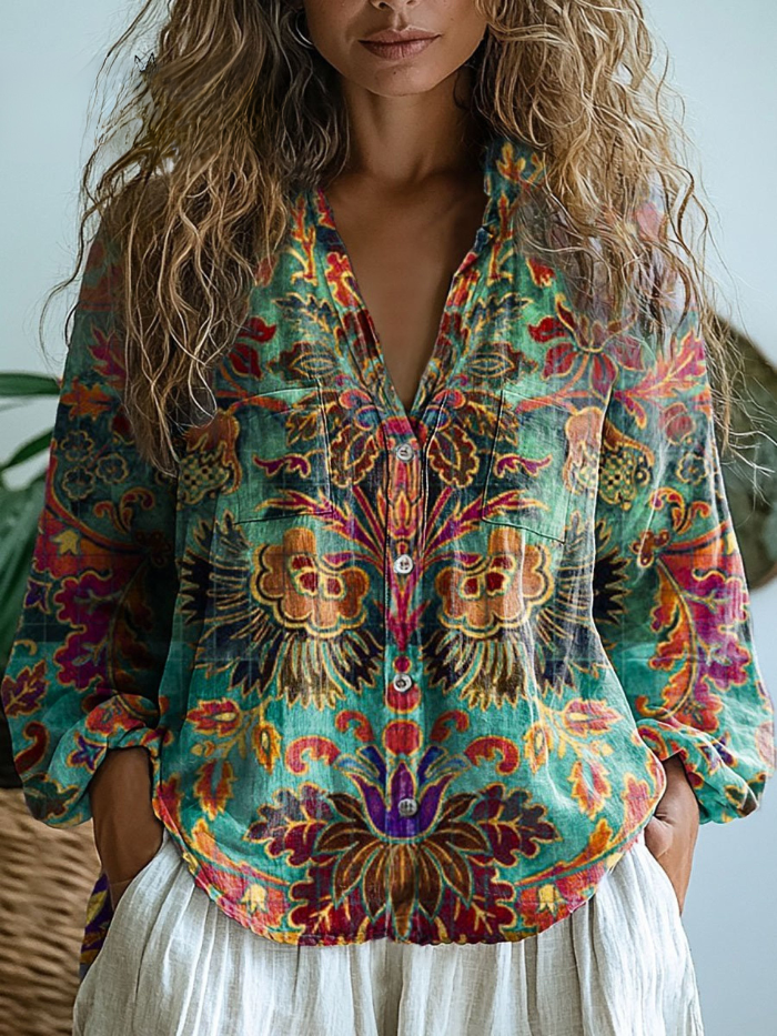 Rosaventure™ | Bohemian Paisley Floral Button-Down Blouse
