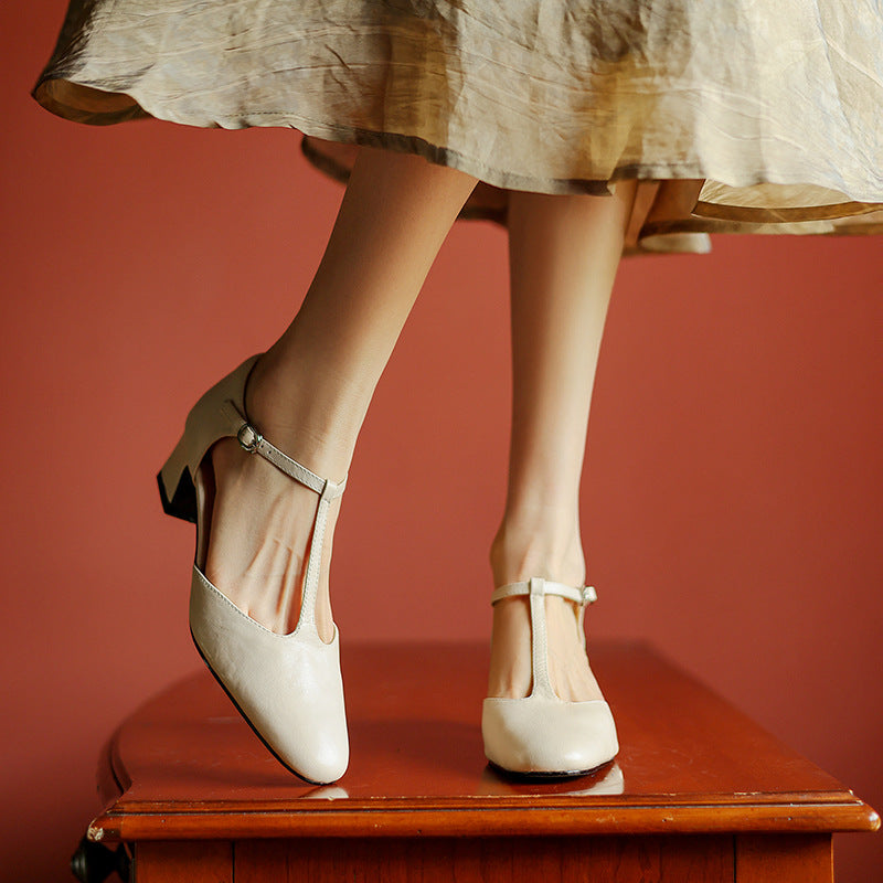 Women's Leather T-Strap Heels