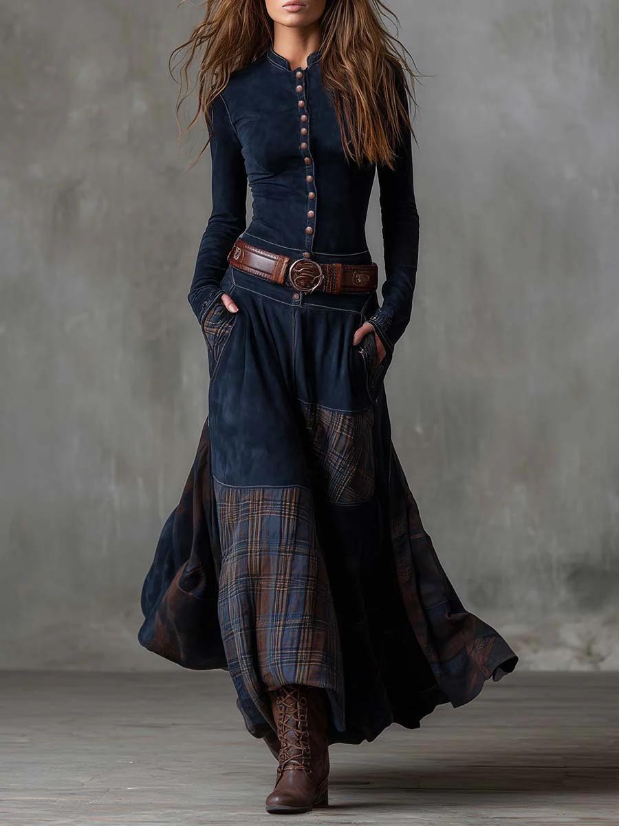Threnody™ | Vintage Long Dress in Navy Check (Includes Belt)