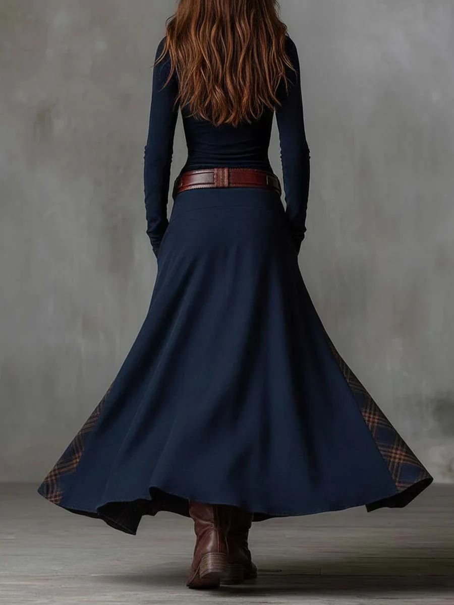 Threnody™ | Vintage Long Dress in Navy Check (Includes Belt)