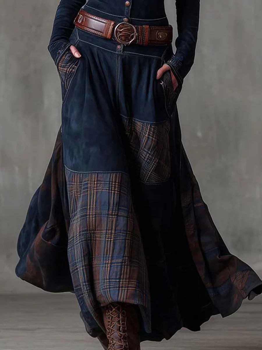 Threnody™ | Vintage Long Dress in Navy Check (Includes Belt)