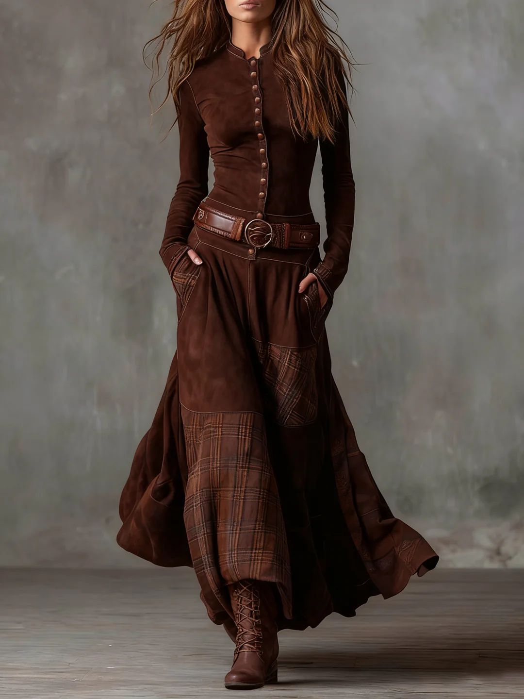 Threnody™ | Vintage Long Dress in Navy Check (Includes Belt)