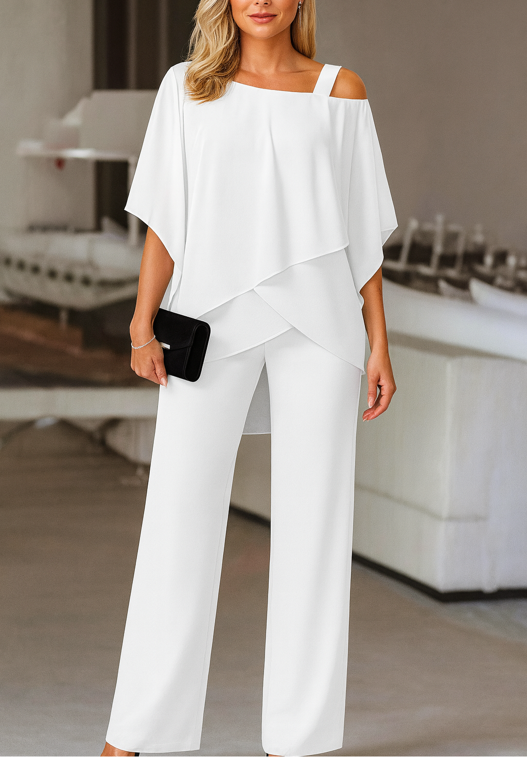 Patricia | Women's Cold-Shoulder Cape-Top Pant Set