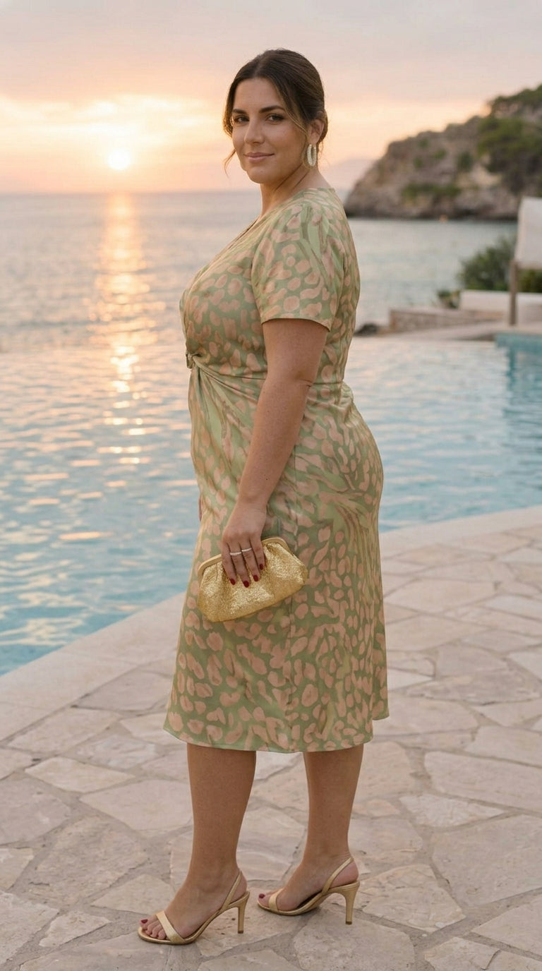 Evadine™ | Midi Dress with Slimming Effect, Central Knot, and Fluid Drape