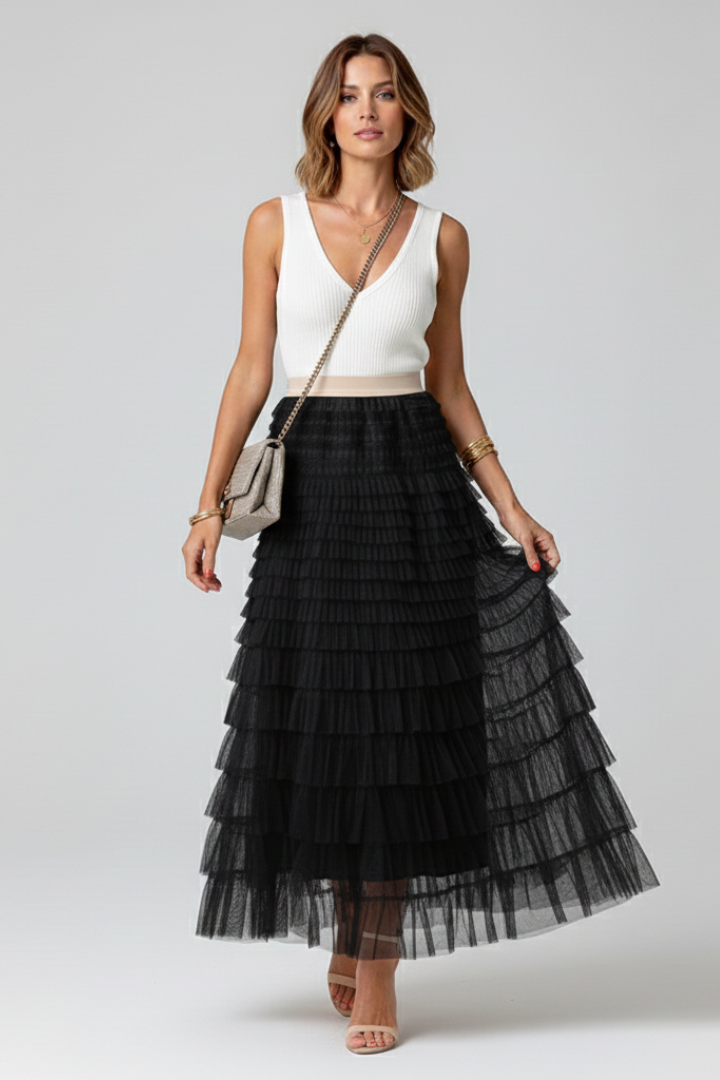 Women’s Layered Tulle Midi Skirt with Elastic Waist