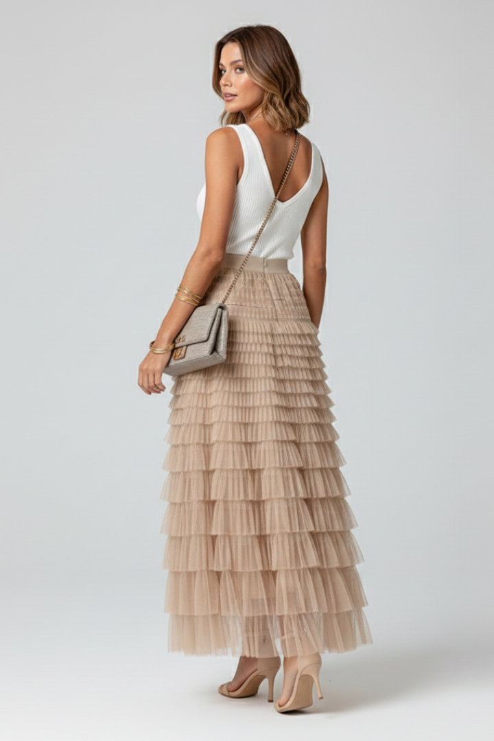 Women’s Layered Tulle Midi Skirt with Elastic Waist