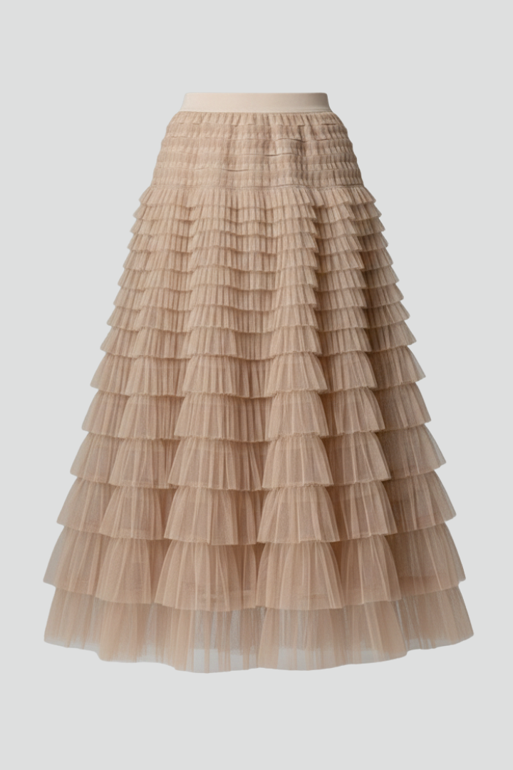 Women’s Layered Tulle Midi Skirt with Elastic Waist