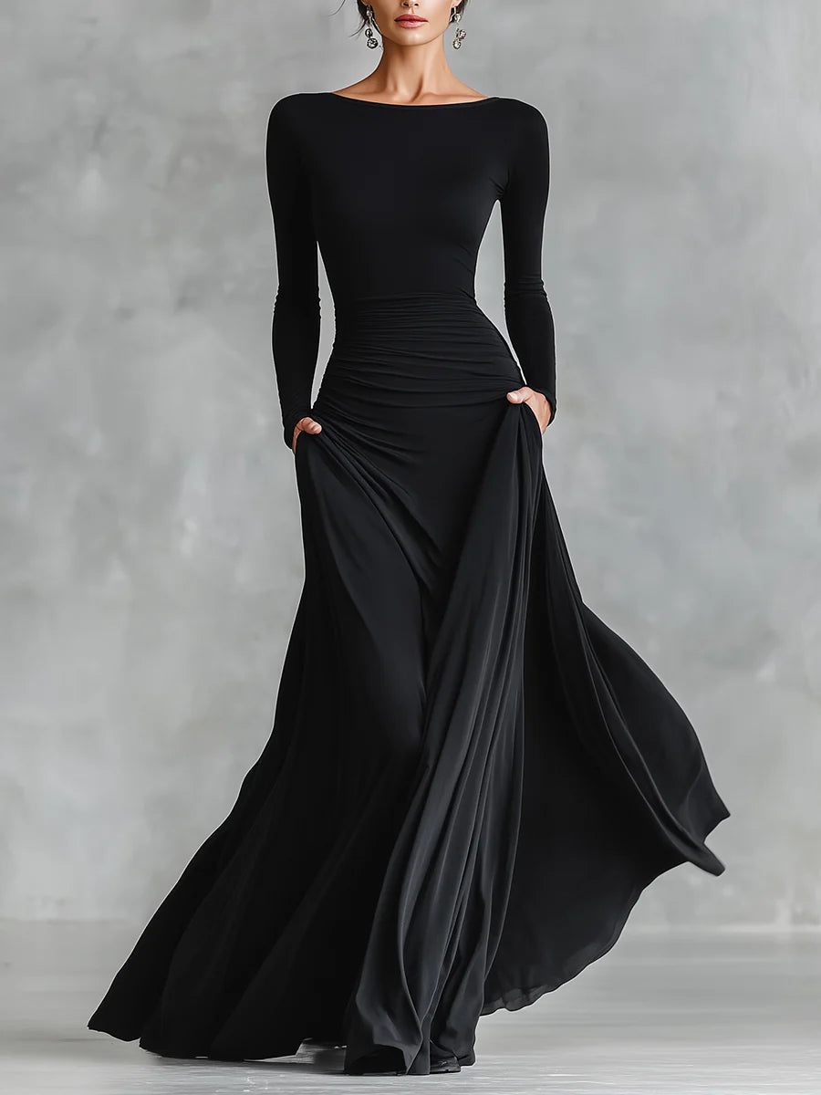 Beatrix™ | Elegant Black Maxi Dress with Boat Neck Long Sleeve Pleated Formal Style