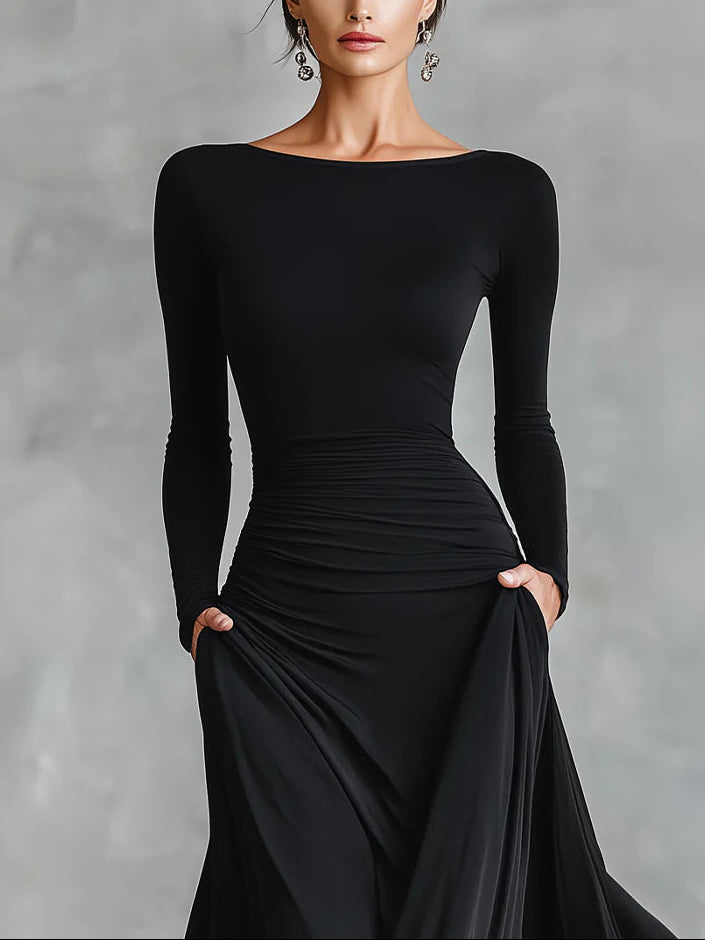 Beatrix™ | Elegant Black Maxi Dress with Boat Neck Long Sleeve Pleated Formal Style