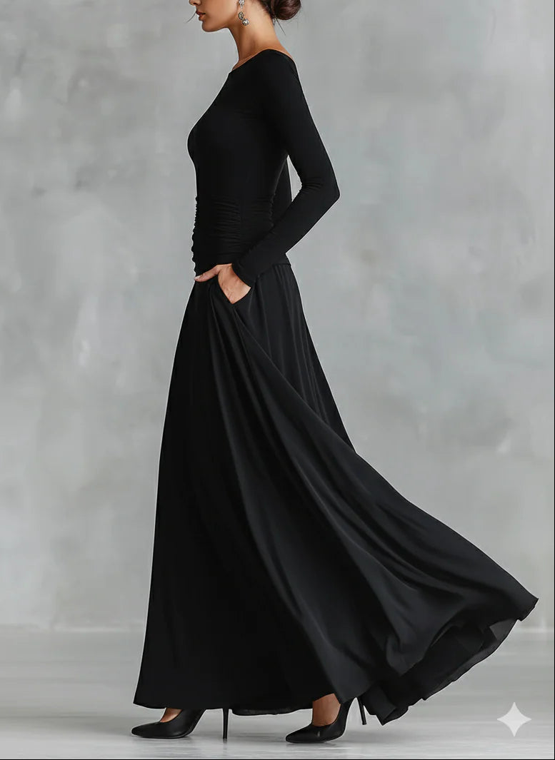 Beatrix™ | Elegant Black Maxi Dress with Boat Neck Long Sleeve Pleated Formal Style