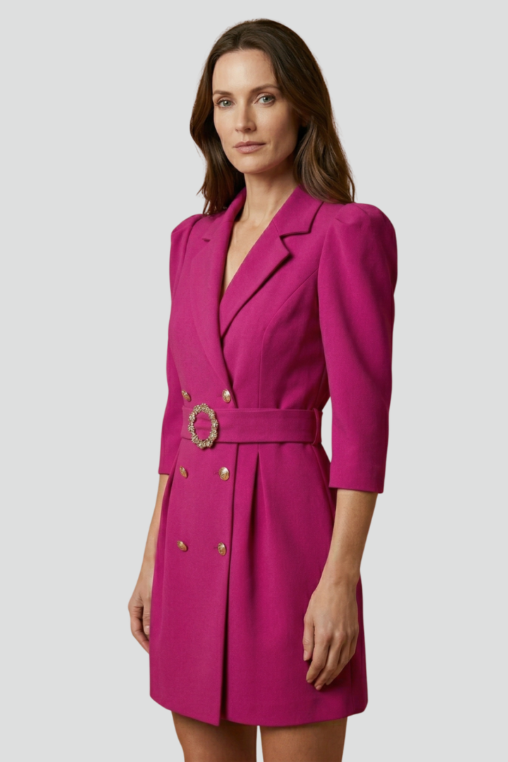 Bexara™ | Belted Blazer Dress with Notched Lapels and Double-Breasted Button Front