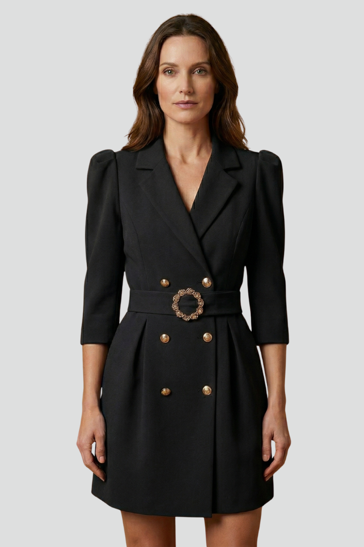 Bexara™ | Belted Blazer Dress with Notched Lapels and Double-Breasted Button Front