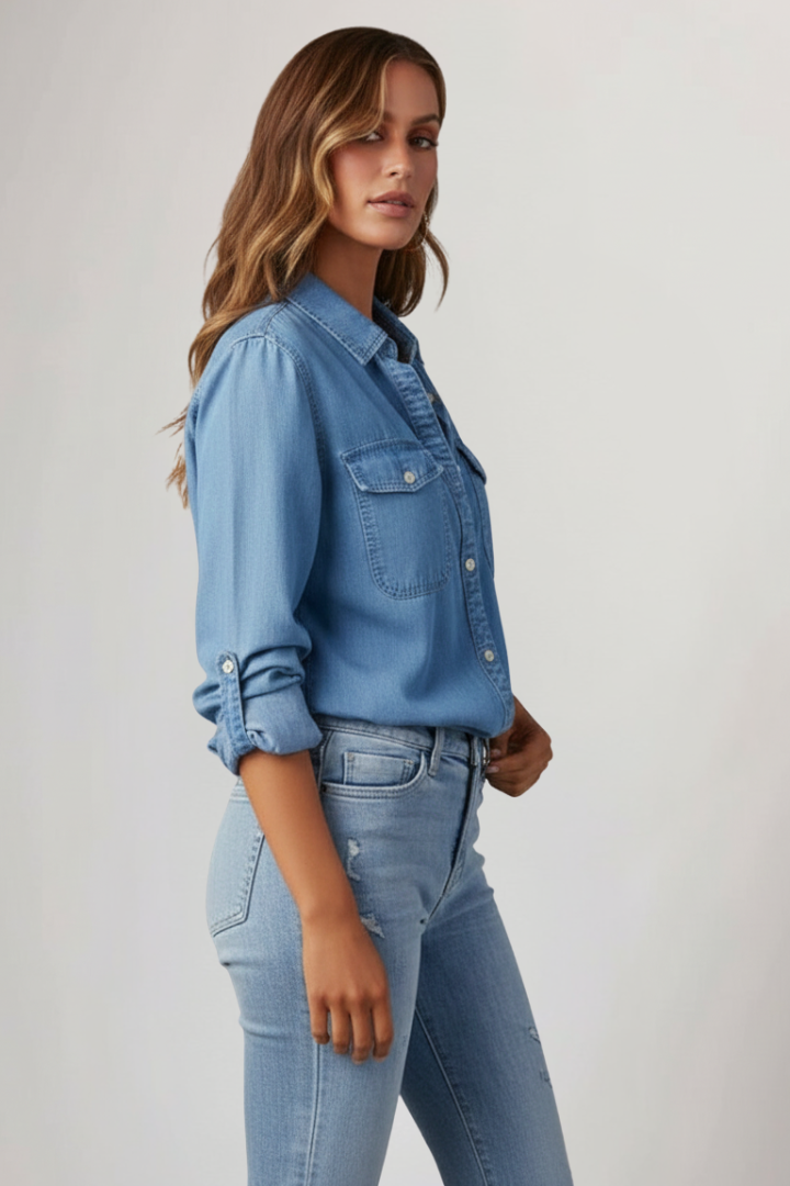 Women’s Classic Button-Front Denim Shirt with Long Sleeves