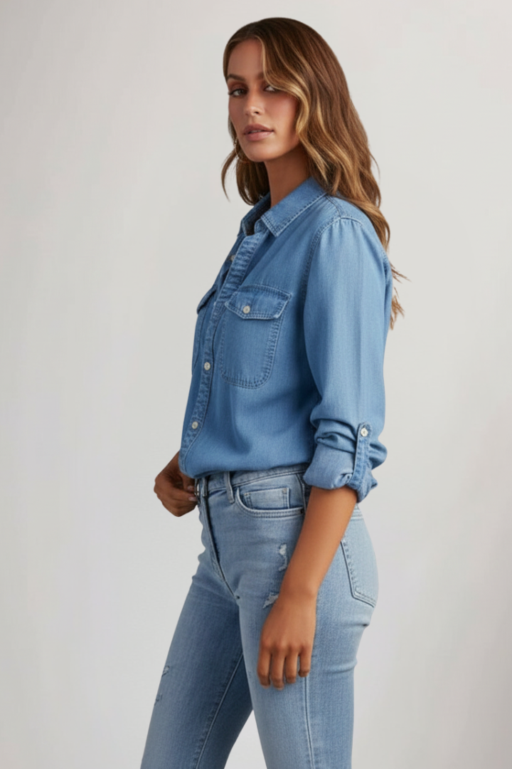 Women’s Classic Button-Front Denim Shirt with Long Sleeves