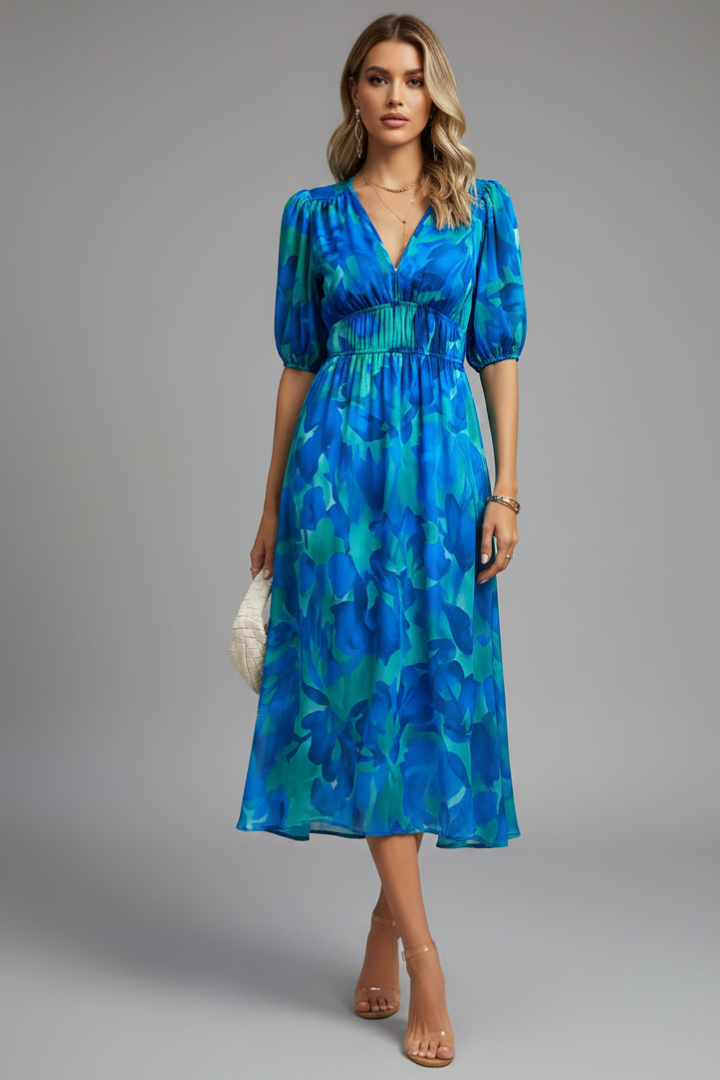 Women’s Floral Puff Sleeve V-Neck Midi Dress