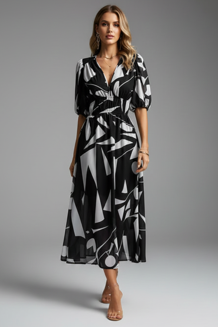 Women’s Floral Puff Sleeve V-Neck Midi Dress